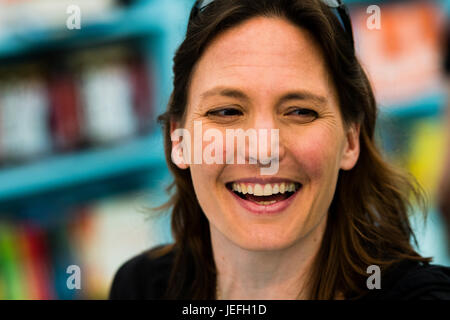 Helen Czerski, writer and television presenter,  physicist and oceanographer.  Author of 'Storm in a Teacup: the physics of Everyday'. She is currently a Research Fellow in the department of mechanical engineering at University College London,  at the 2017 Hay Festival of Literature and the Arts, Hay on Wye, Wales UK Stock Photo