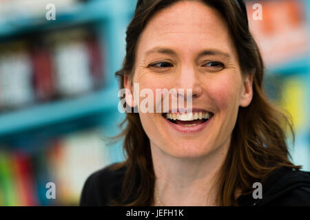 Helen Czerski, writer and television presenter,  physicist and oceanographer.  Author of 'Storm in a Teacup: the physics of Everyday'. She is currently a Research Fellow in the department of mechanical engineering at University College London,  at the 2017 Hay Festival of Literature and the Arts, Hay on Wye, Wales UK Stock Photo