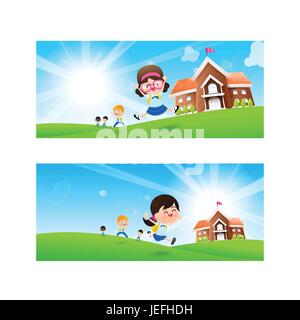 Back to School concept Blank banner template Student kids jumping and running  with happiness and cheerful with Nature Blue sky sunburst copy space an Stock Vector