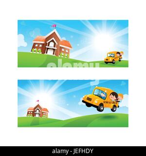 Back to School concept Blank banner template Student kids on school bus with happiness and cheerful with Nature Blue sky sunburst copy space and green Stock Vector