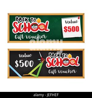 Back to school gift voucher template with stationary element on the black board vector illustration eps10 Stock Vector