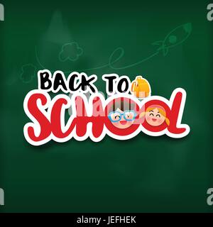 Calligraphy title back to school sticker style with shadow over green black board vector illustration Stock Vector