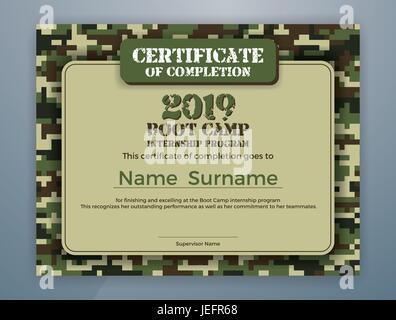 Boot Camp Internship Program Certificate Template Design with Camouflage Background for Print. Vector illustration Stock Vector