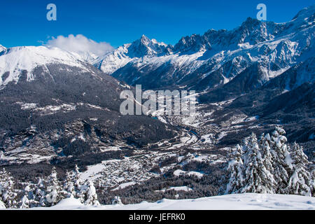 Panorama of Chamonix valley and Mont Blanc Massif in winter from Prarion, Les Houches, France Stock Photo