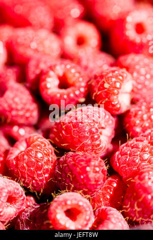 Full frame raspberries macro pink red detailed background. Vertical crop Stock Photo