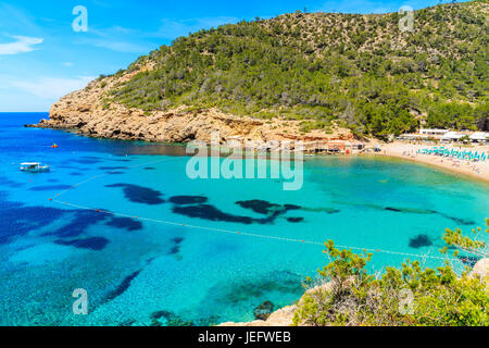 View of Cala Benirras beach with turquoise sea water, Ibiza island, Spain Stock Photo