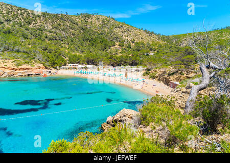 View of Cala Benirras beach with turquoise sea water, Ibiza island, Spain Stock Photo