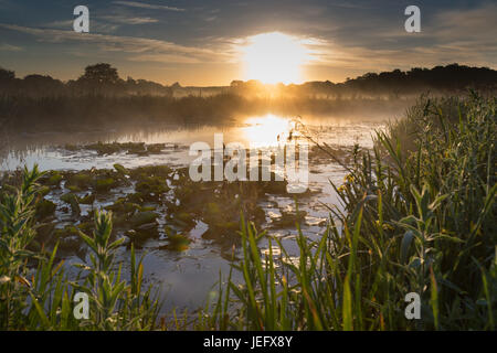 Village of Coddington, England. Picturesque sunrise over a pasture farming field and freshwater pond in rural Cheshire. Stock Photo