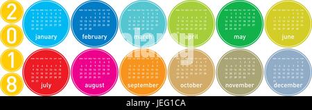Colorful Calendar for Year 2018, in English. Week starts on Monday Stock Vector