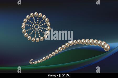 Beads metallic gold beads of pearls. Green silk curtains and flowing material the color of sea wave. Stock Vector