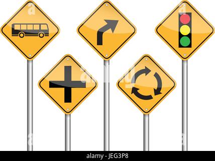 road sign pole of bus stop, right, roundabout, red light, crossroads on white background Stock Vector