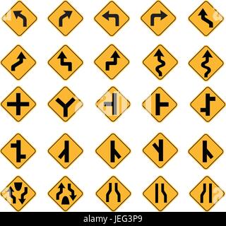 yellow road signs, traffic signs vector set on white background Stock Vector
