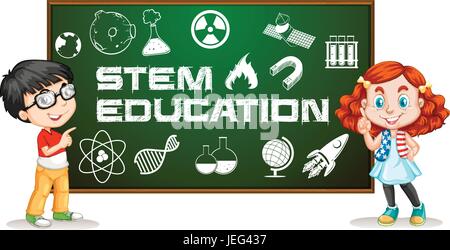 Two kids with stem education on board illustration Stock Vector