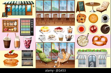 Cafe and different kinds of food and drinks illustration Stock Vector
