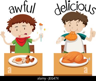 Opposite words for awful and delicious illustration Stock Vector