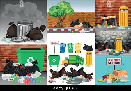 Road scenes with trash and trashcans illustration Stock Vector