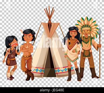 Native American family and teepee illustration Stock Vector