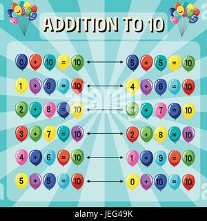 Addition to ten worksheet on blue background illustration Stock Vector