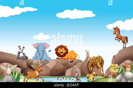 Background scene of wild animals by the pond illustration Stock Vector ...