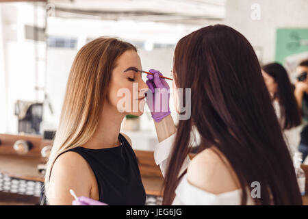 Makeup artist applies paint henna on eyebrows in a beauty salon Stock Photo