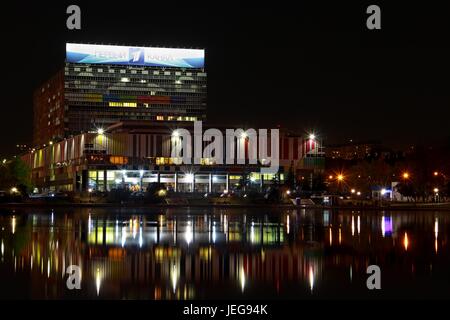 MOSCOW, RUSSIA - August, 2016: The Television Center Ostankino at night with reflection in a pond. Moscow, Russia. Stock Photo