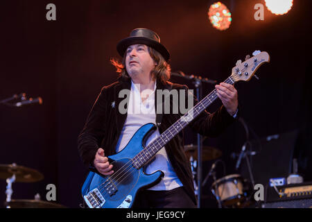 Dundrennan Scotland, UK - July 24, 2015: John Bentley of Squeeze, performing on the Summerisle stage during day one of the 14th Wickerman Festival Stock Photo