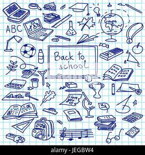 back to school, hand drawn silhouettes on squared paper, sketch, doodle, vector Stock Vector