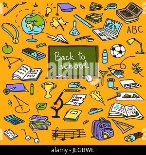 back to school, hand drawn colored objects, sketch, doodle, vector Stock Vector