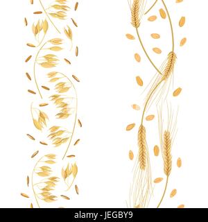 Stripes of Wheat and oat ears with grains seamless pattern. Golden spikes. Sheaf Stock Vector