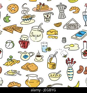 Morning breakfast doodle. colored sketch. seamless pattern set Stock Vector