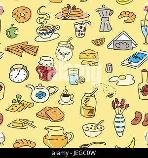 Morning breakfast doodle colored vector seamless pattern. Stock Vector