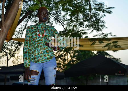 Juba, Central Equatorial, South Sudan. 24th June, 2017. Despite the fighting, fleeing and near-famine afflicting the rest of the country, some South Sudanese citizens find time to enjoy the Nile Couture Fashion Show in the capital of Juba Saturday night The model shows the designs of the Stella Collection. Credit: Miguel Juarez Lugo/ZUMA Wire/Alamy Live News Stock Photo