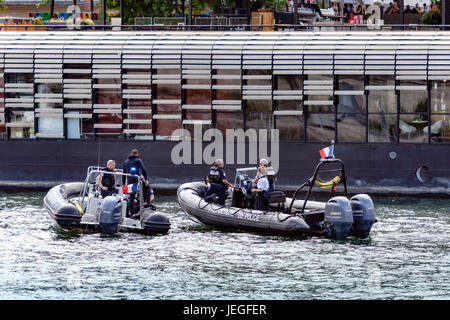 Paris, France. 24th Jun, 2017. French police boats patrolling on the Seine river during the Paris Olympic Games 2024 showcase. Credit: Guillaume Louyot/Alamy Live News Stock Photo