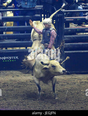 (170625) -- TORONTO, June 25, 2017 (Xinhua)-- Cowboy Eli Byler of the United States competes during the competition of the 2017 Professional Bull Riders (PBR) Monster Energy Canada Tour at Ricoh Coliseum in Toronto, Canada, June 24, 2017. (Xinhua/Zou Zheng)(wll) Stock Photo