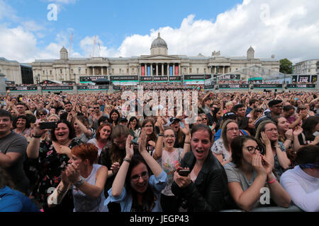 London, UK. 25th June, 2017. West End Live in Trafalgar Square attracted thousands of people to enjoy the musicals, among the shows, and the stars, were La Cage aux Folles, Rachael Tucker, who later done a duet with Marisha Wallace that, the Wedding Singer with an appearance by Lucy Jones, who sang in the Eurovision Song contest in 2017, Trevor Dior Lizas the house down . Credit: Paul Quezada-Neiman/Alamy Live News Stock Photo