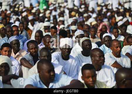 June 25, 2017 - Juba, Jubek, South Sudan - Thousands of South Sudanese Muslims pray in the Malkei neighborhood of Juba, South Sudan at the beginning of Eid al-Fatr, the celebration marking the end of the Muslim holy month of Ramadan.Roughly half the population of South Sudan is Muslim, a legacy of its long domination by the Arab-controlled northern Sudan, which ended in 2011, when South Sudan became the world's newest nation. The country has been in a state of civil war for the past three years, leaving millions of civilians displaced and near famine (Credit Image: © Miguel Juarez Lugo via ZUM Stock Photo
