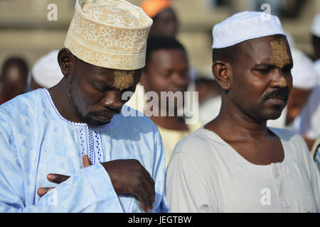 June 25, 2017 - Juba, Jubek, South Sudan - Thousands of South Sudanese Muslims pray in the Malkei neighborhood of Juba, South Sudan at the beginning of Eid al-Fatr, the celebration marking the end of the Muslim holy month of Ramadan.Roughly half the population of South Sudan is Muslim, a legacy of its long domination by the Arab-controlled northern Sudan, which ended in 2011, when South Sudan became the world's newest nation. The country has been in a state of civil war for the past three years, leaving millions of civilians displaced and near famine (Credit Image: © Miguel Juarez Lugo via ZUM Stock Photo