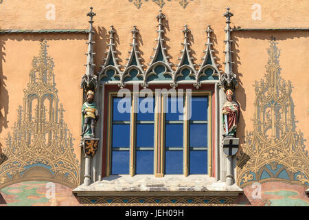 Window with two electoral sculptures, town hall, Ulm, Baden-Württemberg, Germany Stock Photo