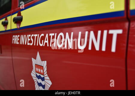 London Fire Brigade Fire Investigation Unit Van Door Text Stock Photo