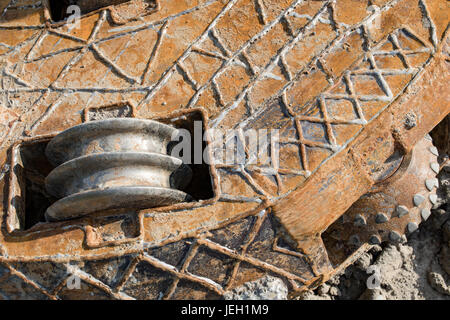 Cutter head of an underground drilling machine, Detail. Mining works on subway (metro) in Warsaw, Poland. Stock Photo