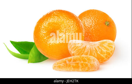 Isolated tangerines. Two whole tangerine or mandarin orange fruits and peeled segments isolated on white background with clipping path Stock Photo