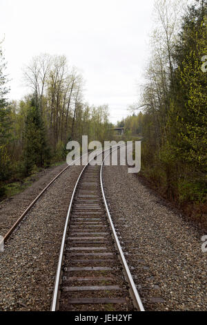 Railway track in forested countryside in British Columbia, Canada. track is part of the Canadian Pacific Railway the cuts across Canada. Stock Photo