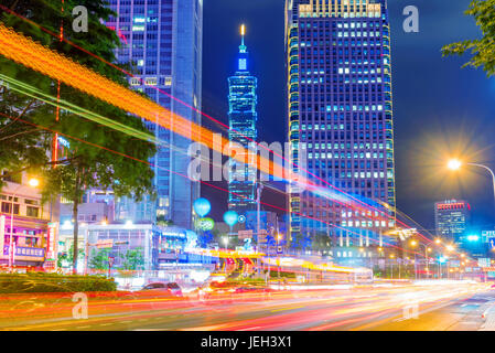 TAIPEI, TAIWAN - MAY 26: This is a view of Taipei 101 and Xinyi financial district from a road in the downtown area on May 26, 2017 in Taipei Stock Photo