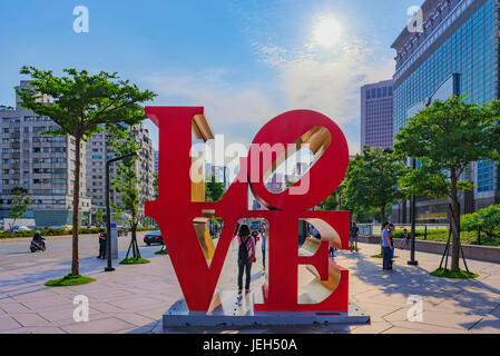 TAIPEI, TAIWAN - MAY 31: This is the famous love sign outside the Taipei 101 building where many couples go to take a photo next to the sign on May 31 Stock Photo
