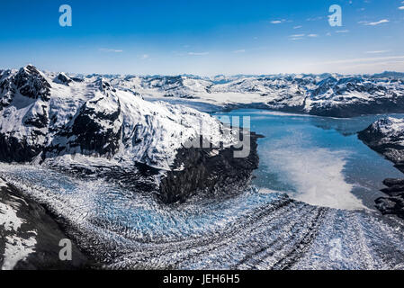 Aerial view of the west branch of Columbia Glacier with Columbia Bay in background, main branch visible in upper left, Prince William Sound Stock Photo