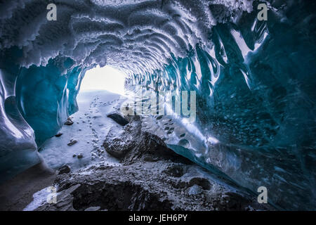 Hoarfrost covers the ceiling of a Canwell Glacier ice cave in winter; Alaska, United States of America Stock Photo