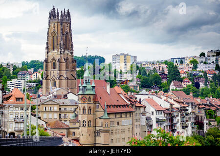 The gothic cathedral skyline of the picturesque historic walled city of Fribourg, in the French speaking part of Switzerland; Fribourg, Switzerland Stock Photo