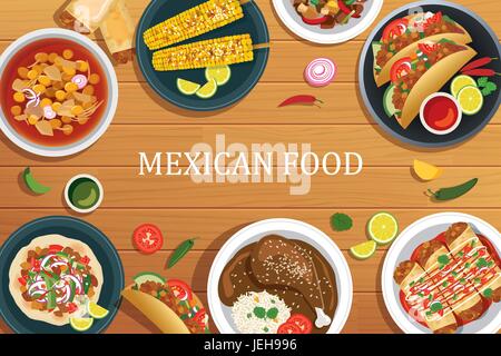 Mexican food on a wooden background.Vector mexican food top view. Stock Vector