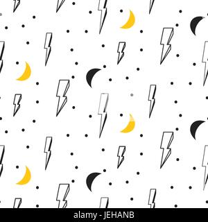 Lightning seamless pattern. Black and white hipster pop art dotted vector background. Lightning and moon on white. Stock Vector