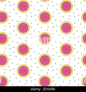 Watermelon half slices seamless pink pattern on white. Stock Vector
